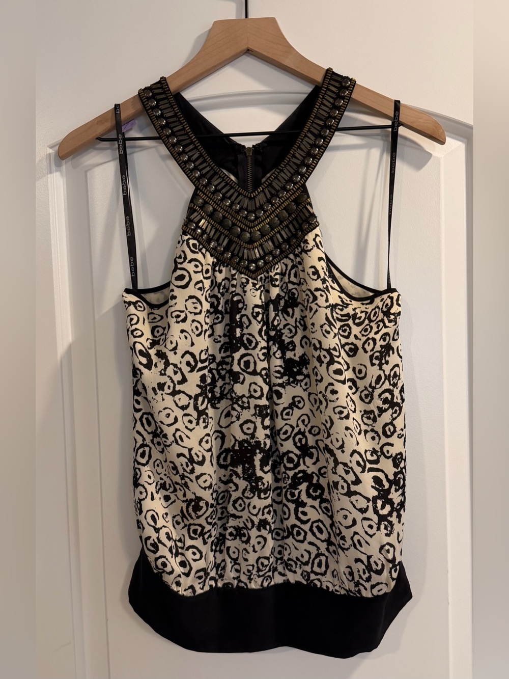 bebe Black & Cream Beaded Halter Camisole